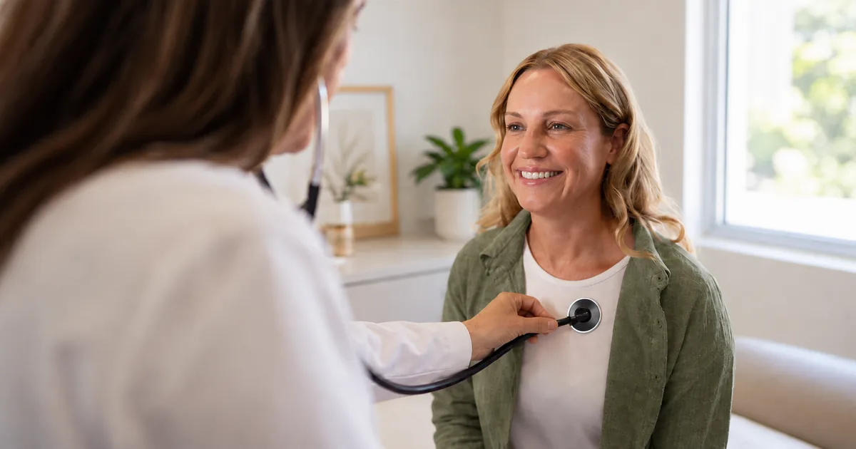 Médica realizando avaliação cardiológica em paciente durante consulta em clínica