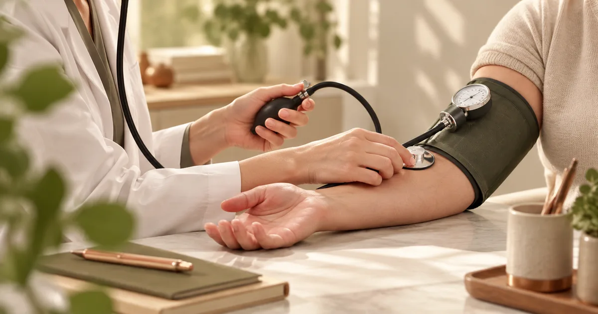 Medição da pressão arterial no consultório durante avaliação cardiológica