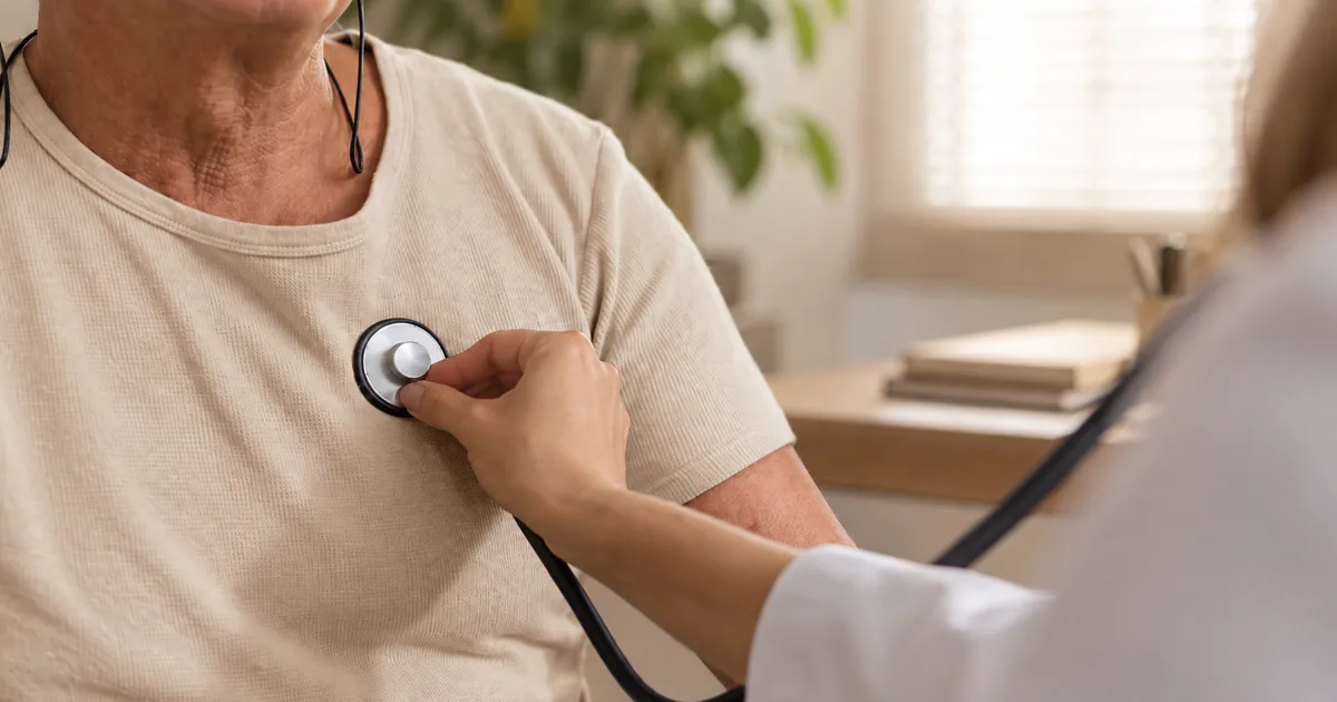 Paciente em consulta cardiológica sendo examinado com estetoscópio após internação cardíaca.