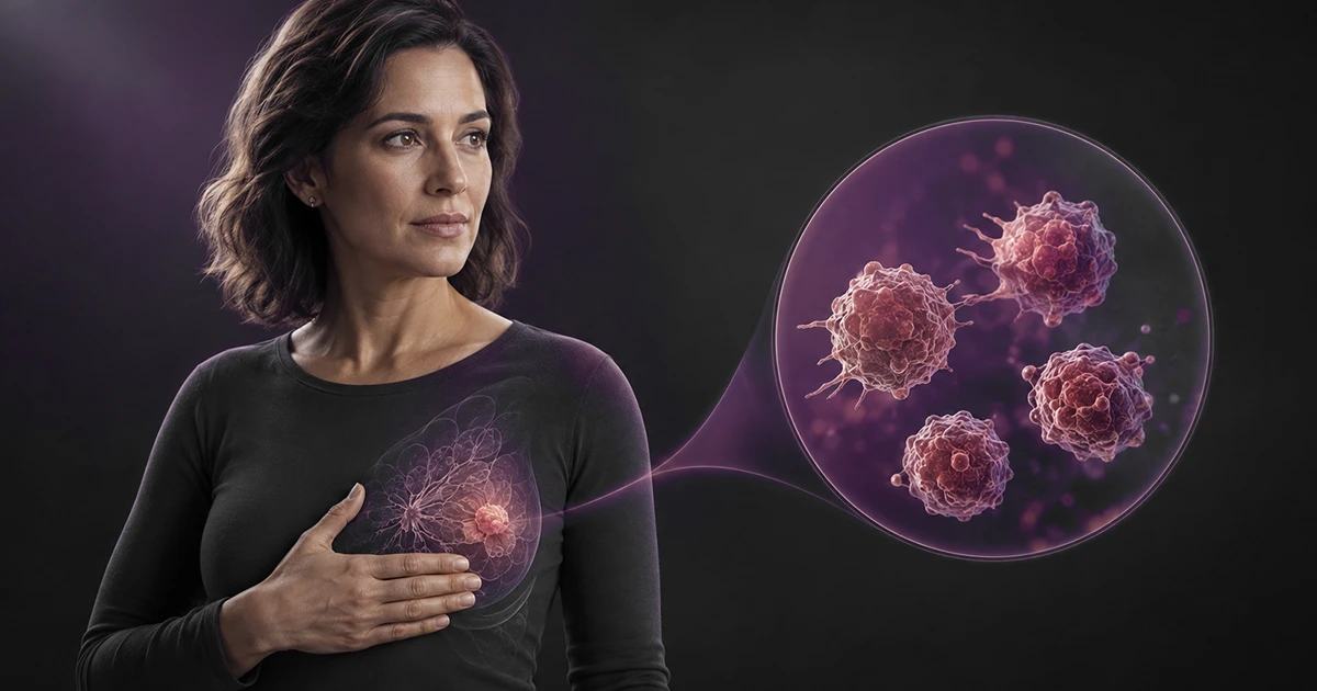 Mulher com a mão ao peito e ilustração ampliada de células tumorais