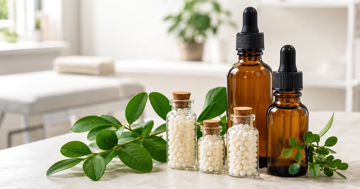 Frascos âmbar e vidros com glóbulos homeopáticos ao lado de folhas verdes