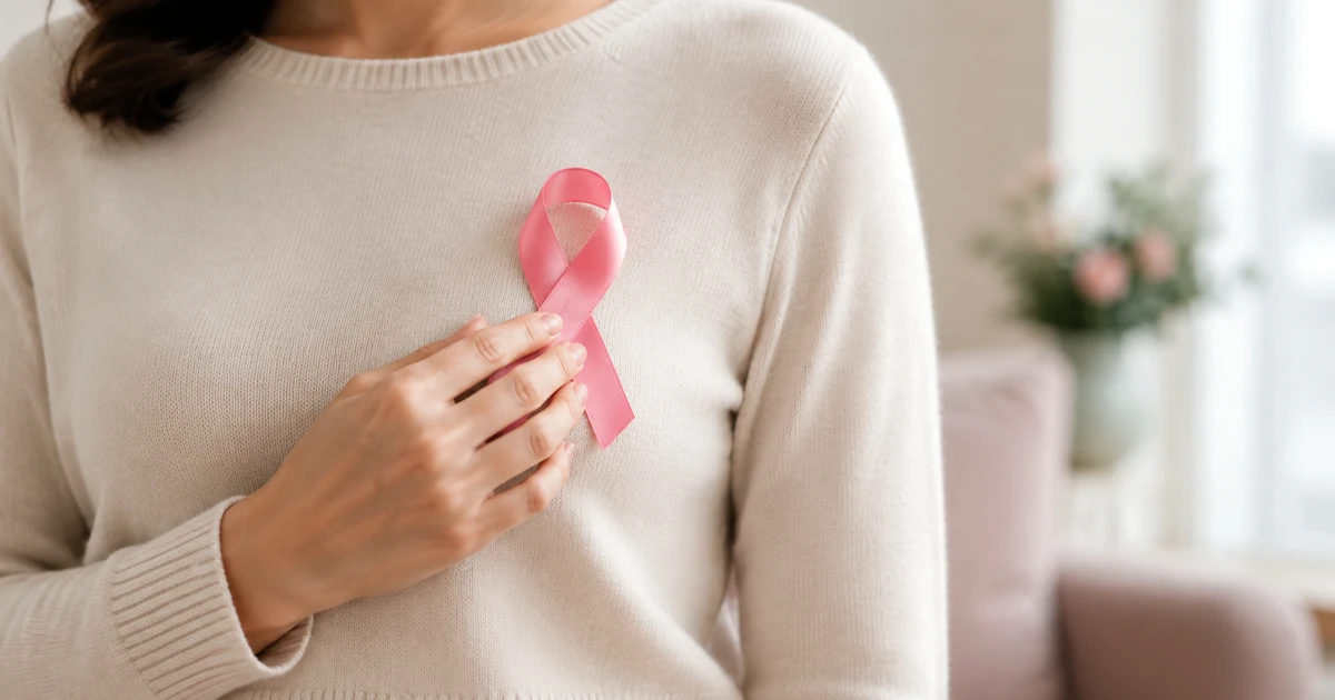 Mulher segura o laço rosa, símbolo da conscientização sobre o câncer de mama