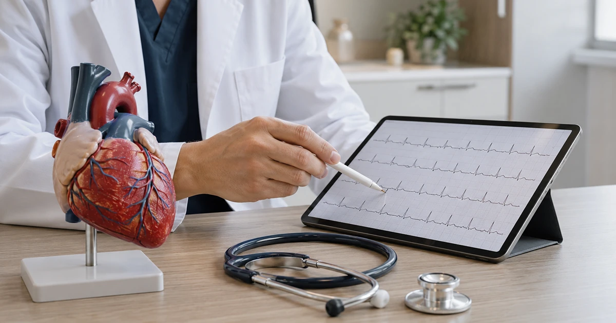 Profissional aponta traçados de eletrocardiograma em tablet, ao lado de modelo do coração