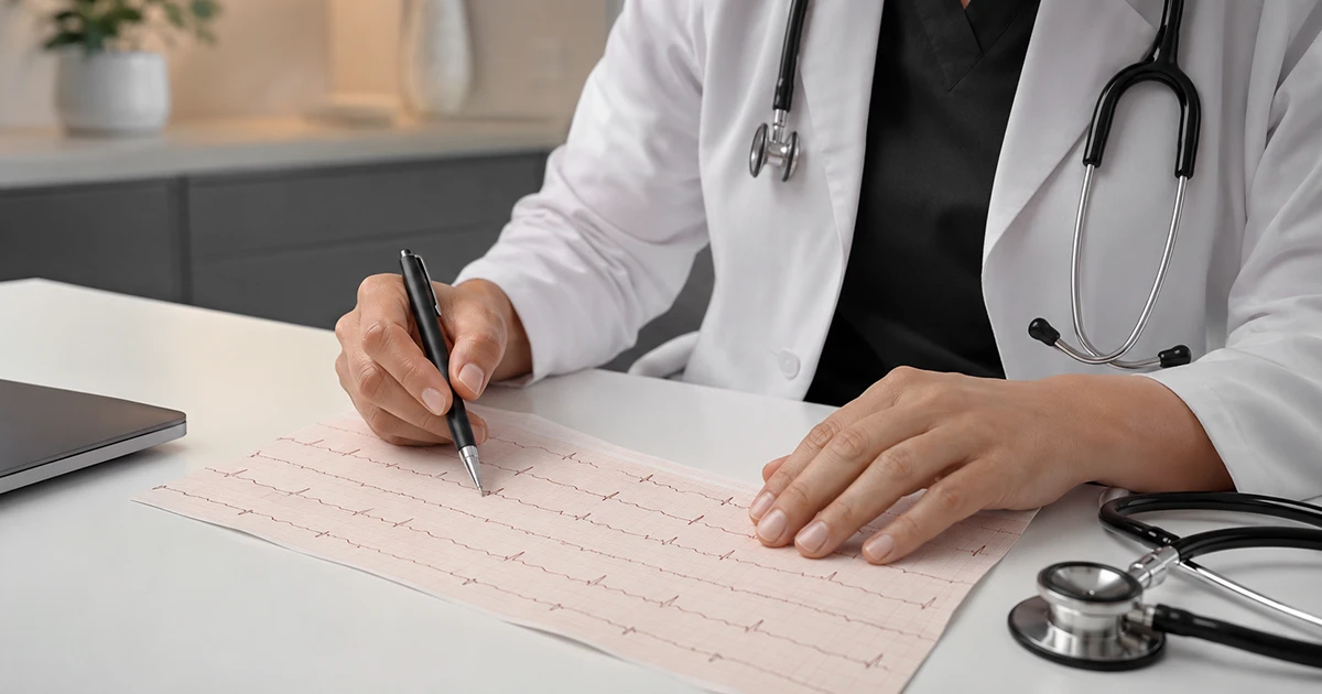 Profissional de jaleco analisa e anota um traçado de eletrocardiograma na mesa
