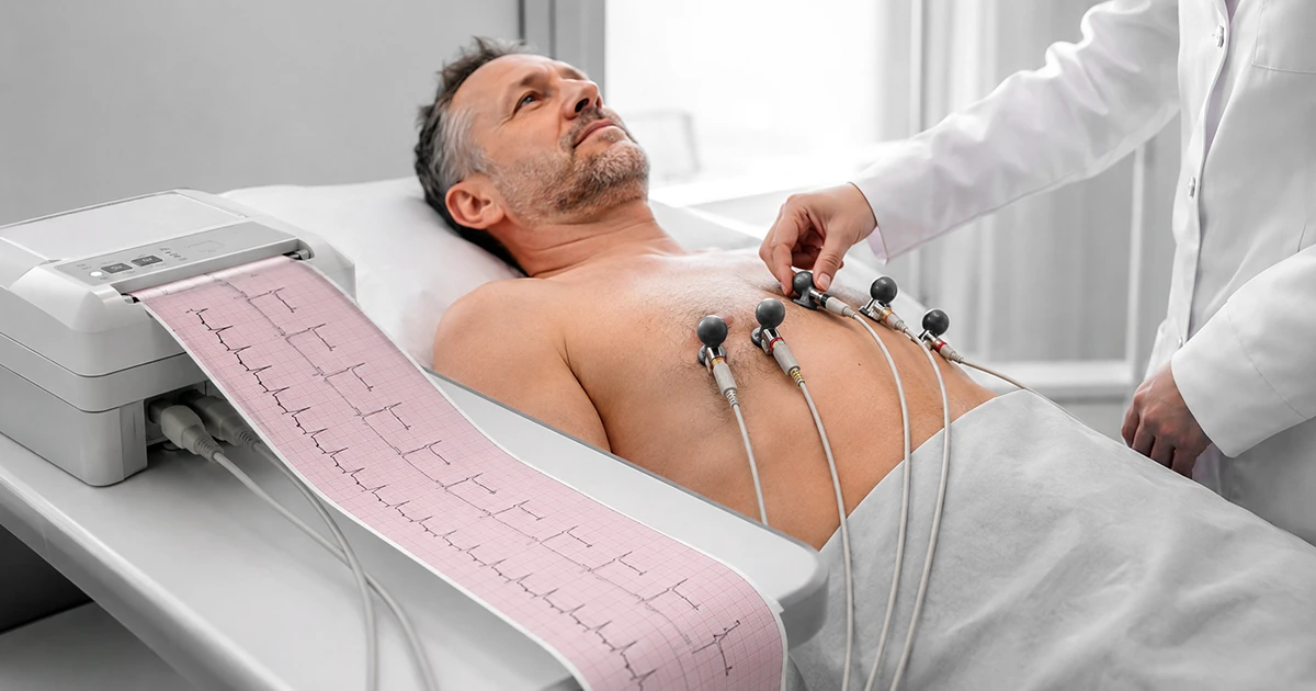 Paciente deitado realiza eletrocardiograma enquanto o traçado é impresso em papel