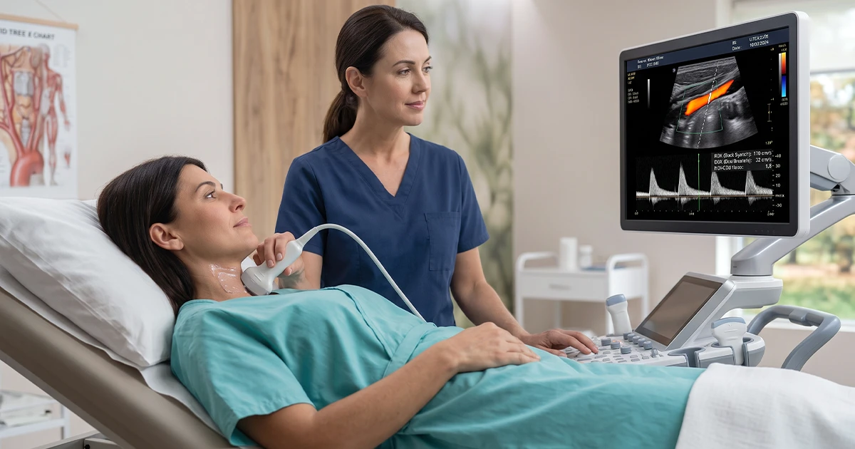 Demonstração de ultrassom Doppler das artérias do pescoço em ambiente de consultório