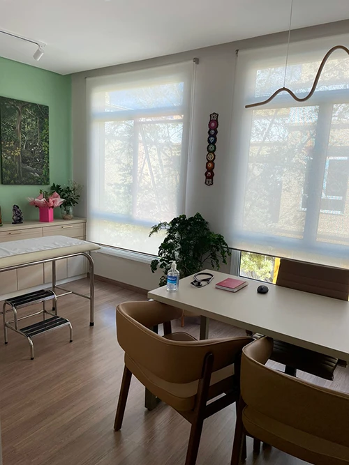 Consultório com mesa de atendimento, maca de exame e plantas